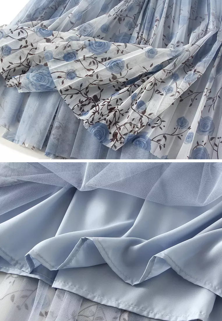 Floral Mesh Pleated Skirt AF-J898