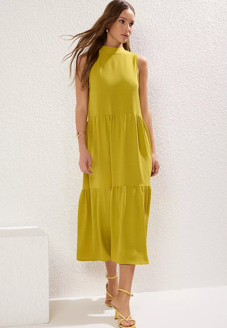 Oil Green Shift/Straight Cut Stand Collar Midi Woven Dress