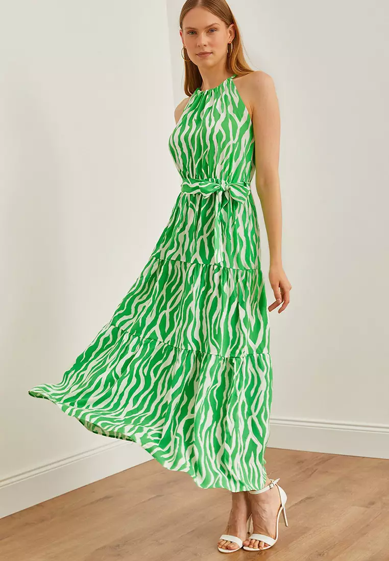 Halter Neck Belted Woven Viscose Dress