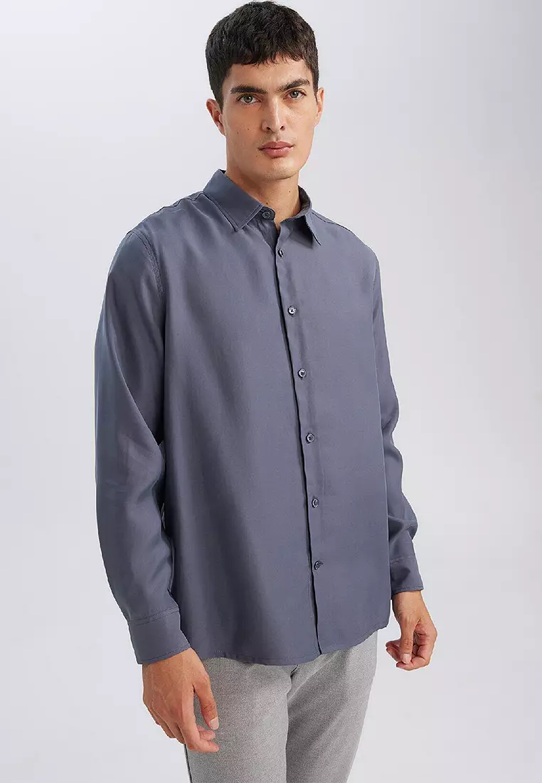 Relax Fit Polo Neck Twill Modal Blend Basic Plain Long Sleeve Shirt