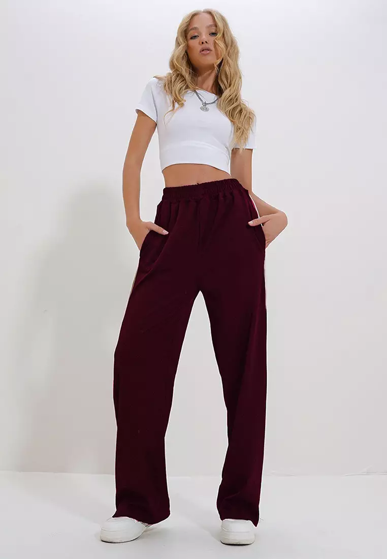 Women's Burgundy Double Pocket Elastic Side Stripe Wide Leg Pants