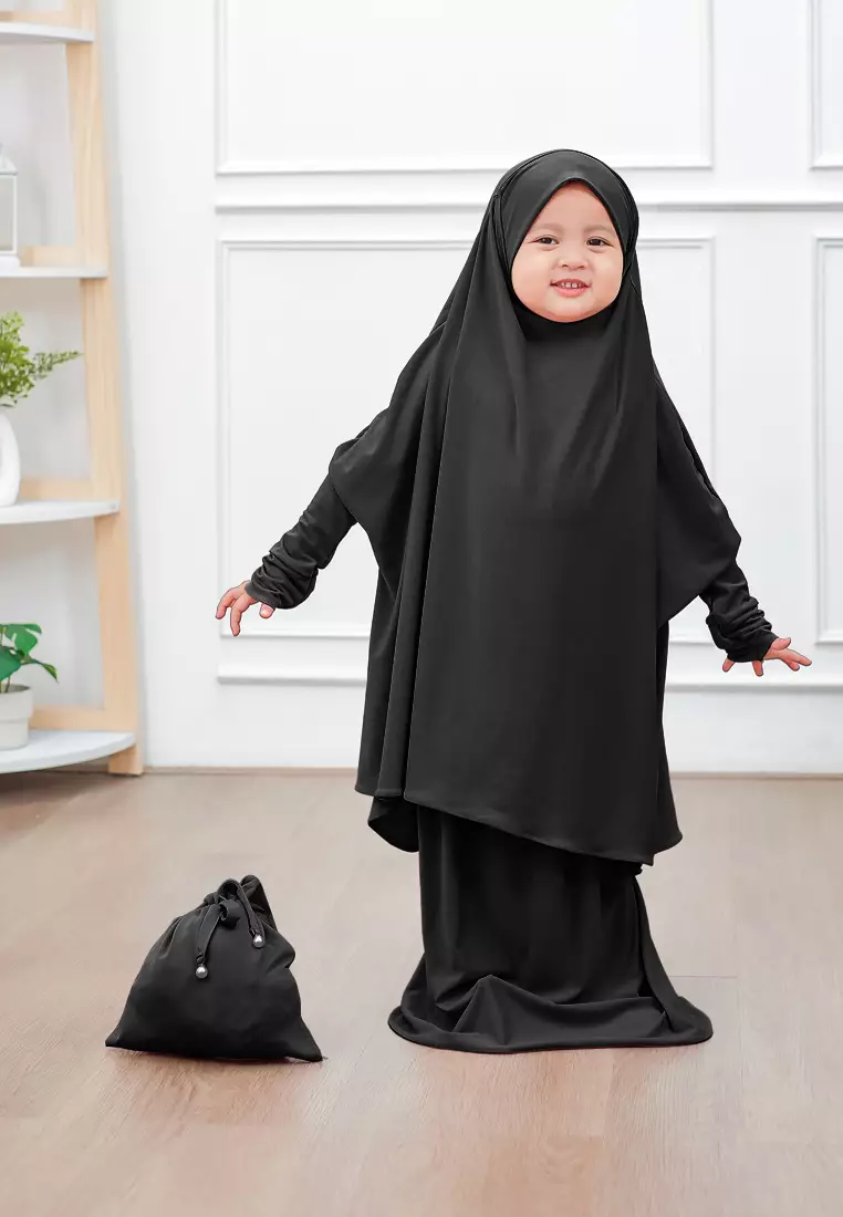 Zelena - Raudhia Prayer Set | Mukena French Khimar Set - Black - Anak