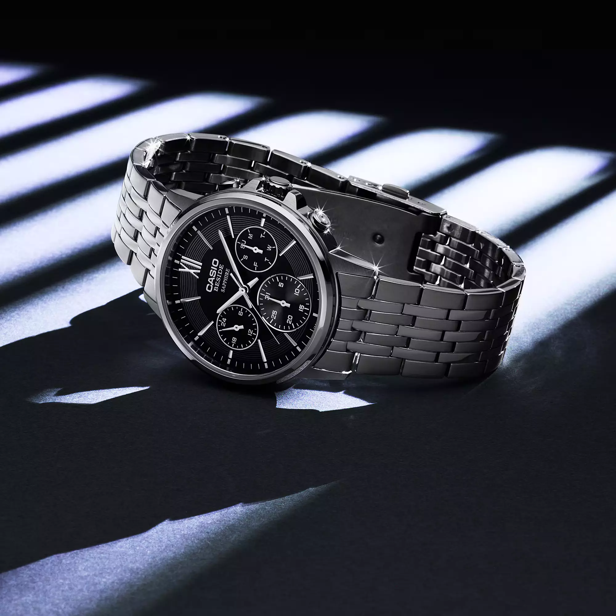 Casio Beside Sapphire Glass - Jam Tangan Chronograph Pria - Black Dial - All Silver Stainless Steel - BMS-300D-1AV
