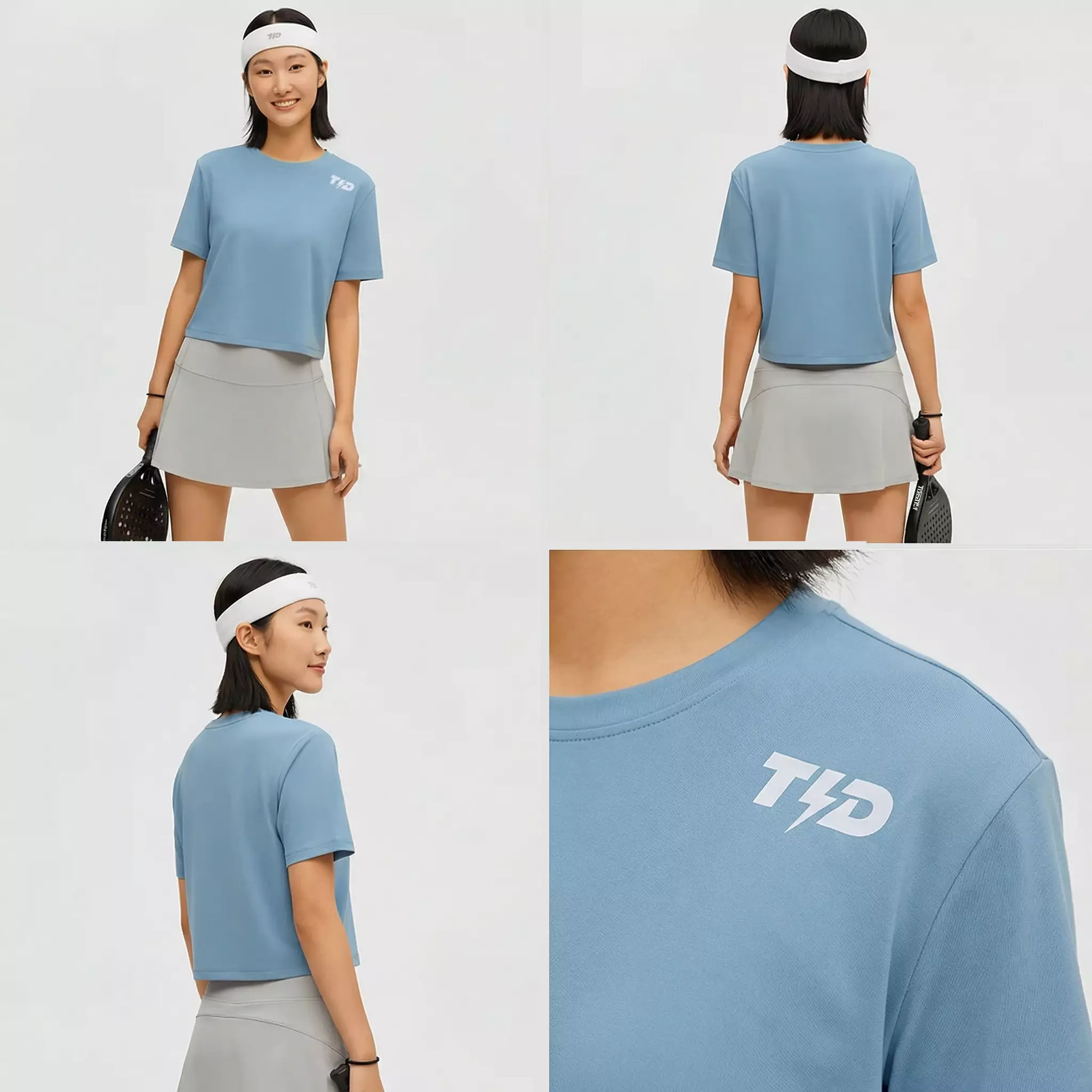 TDACTIVE Baju Jersey Padel Crop Top Wanita biru muda PORETECH drifit LSF32