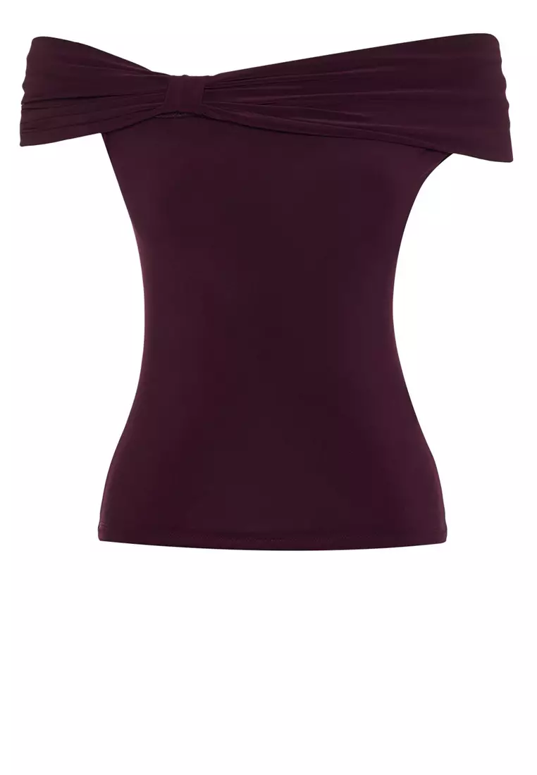 Plum Carmen Collar Fitted Flexible Crop Knitted Madonna Collar Blouse TWOSS24BZ00368