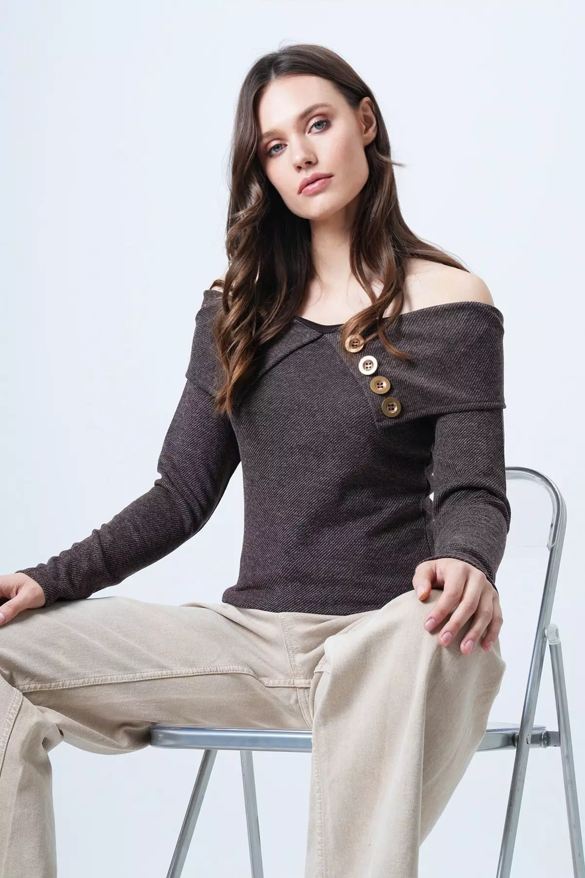 Brown Madonna Collar Button Accessory Knitwear Blouse Alc-X14673