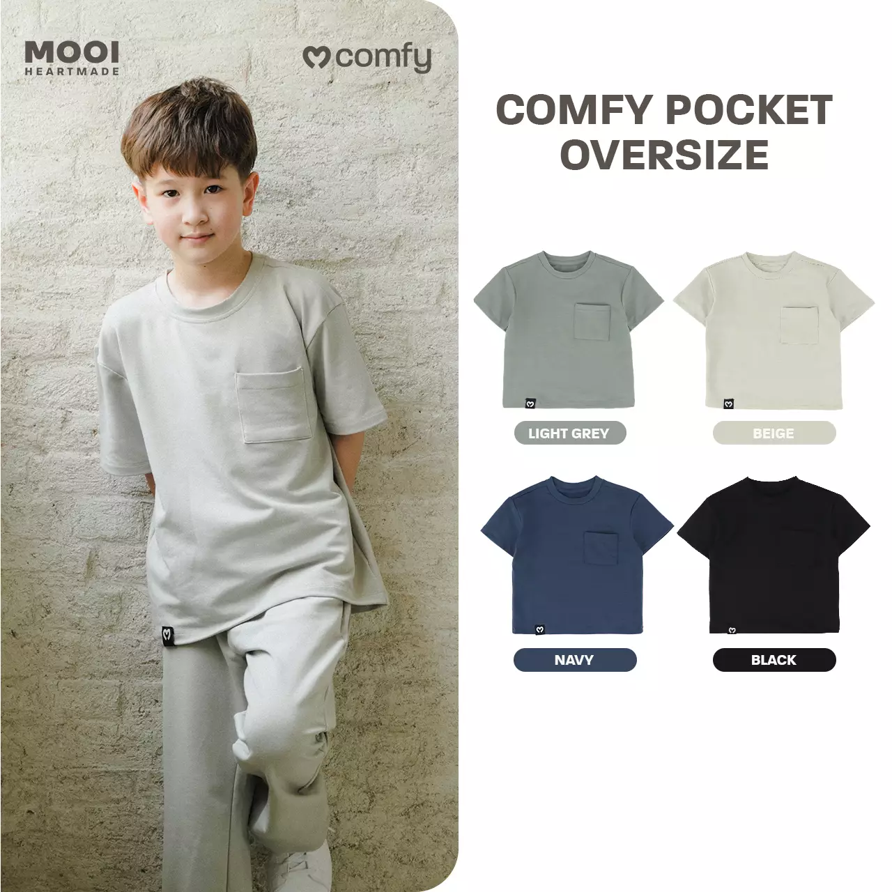 Mooi Kaos Anak Pocket Unisex Comfy Oversized T-Shirt Pocket Kids - Light Grey