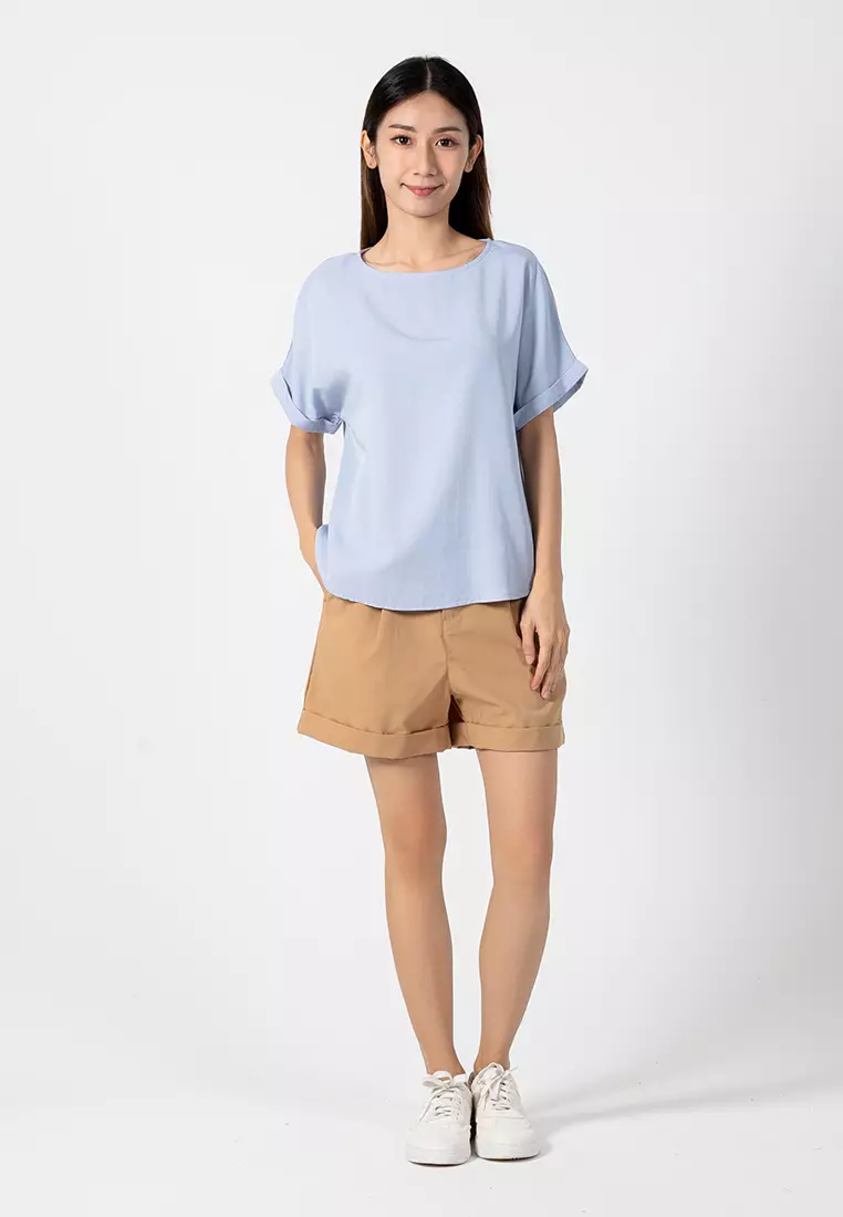 Forest Ladies Rayon Lyocell Casual Plain Blouse Women Short Sleeve Blouse - 822416-32LtBlue