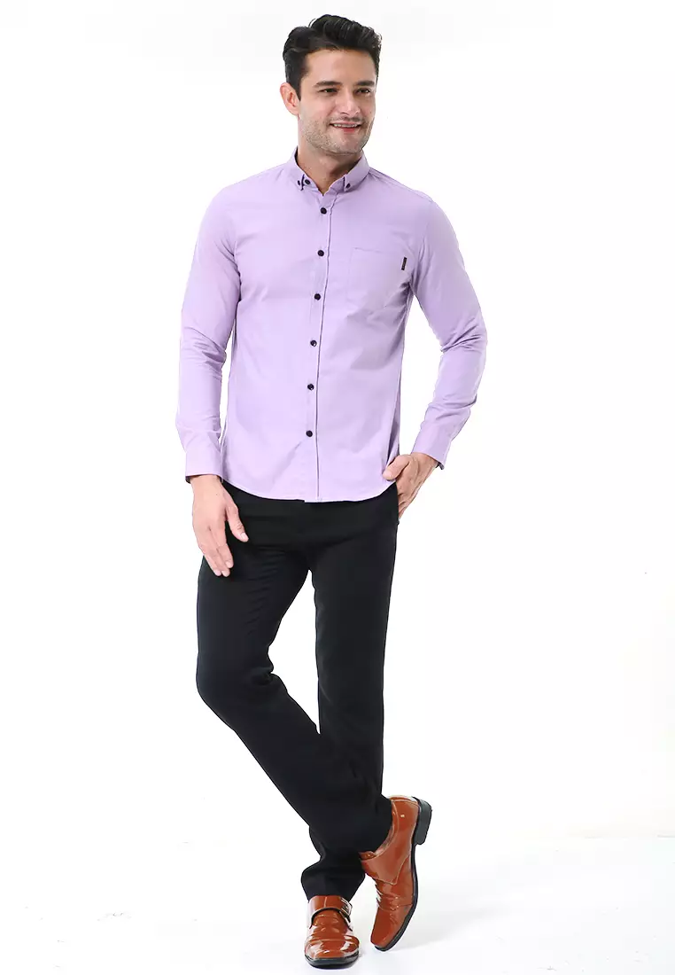Leopold Kemeja Basic Pria Motif Polos Long Sleeve Material Cotton ORIGINAL - Lilac