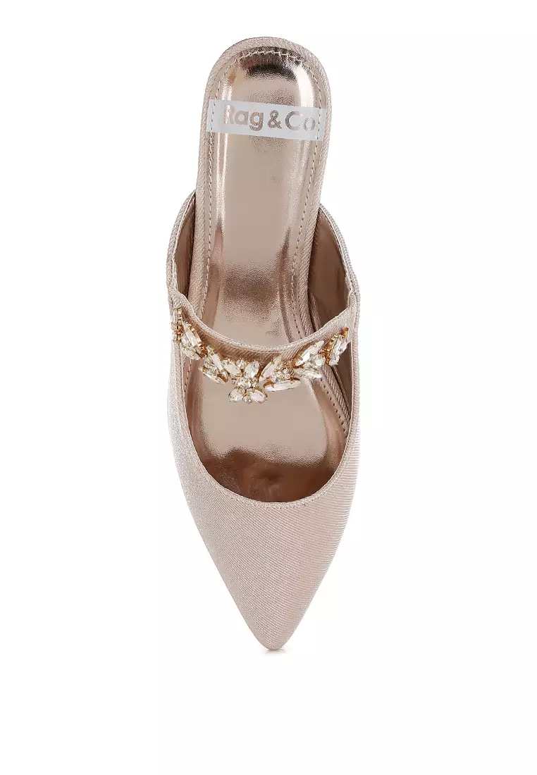Diamante Strap Glitter Mules in Beige