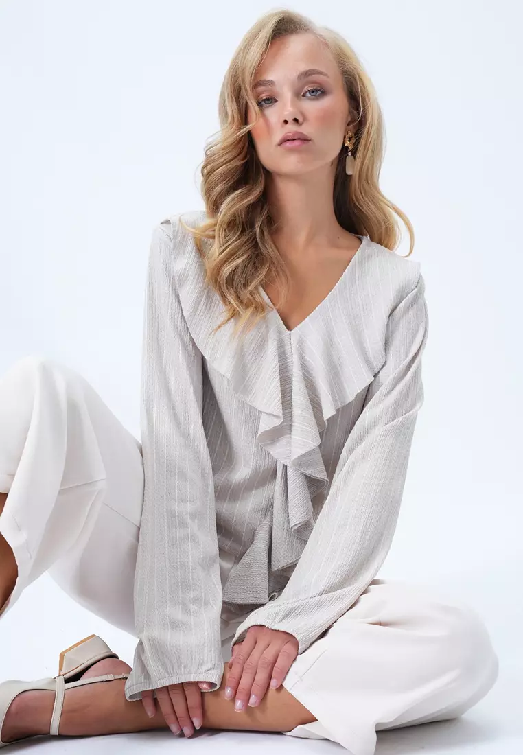 V-Neck Ruffle Front Blouse