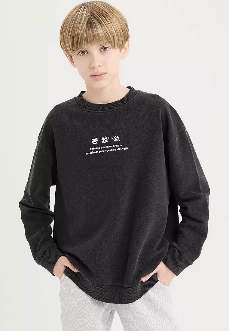 Oversize Wide Cut Crew Neck Back Printed Washed Faded Effect Sweatshirt