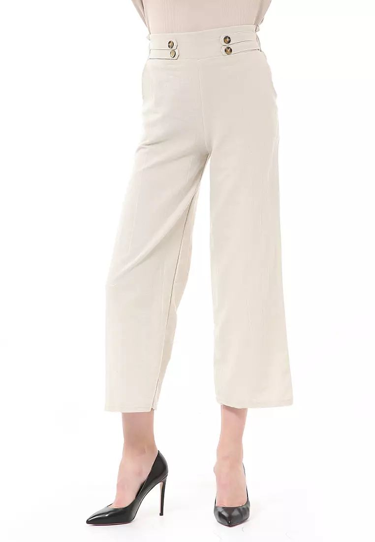 Stella Casual Long Pants Wanita Celana Kulot Highwaist Double Botton Material Linen ORIGINAL - Oat