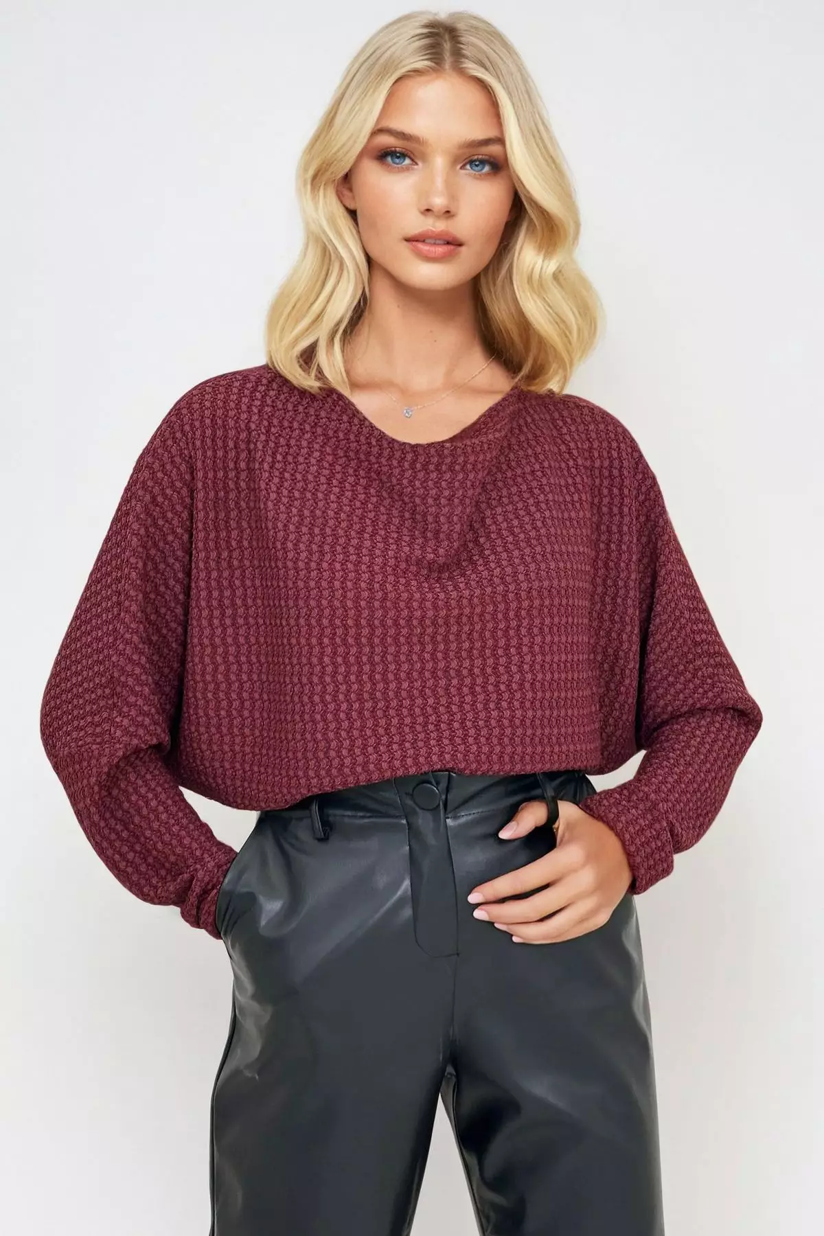 Women's Burgundy Degaje Collar Wide Cut Knitted Blouse