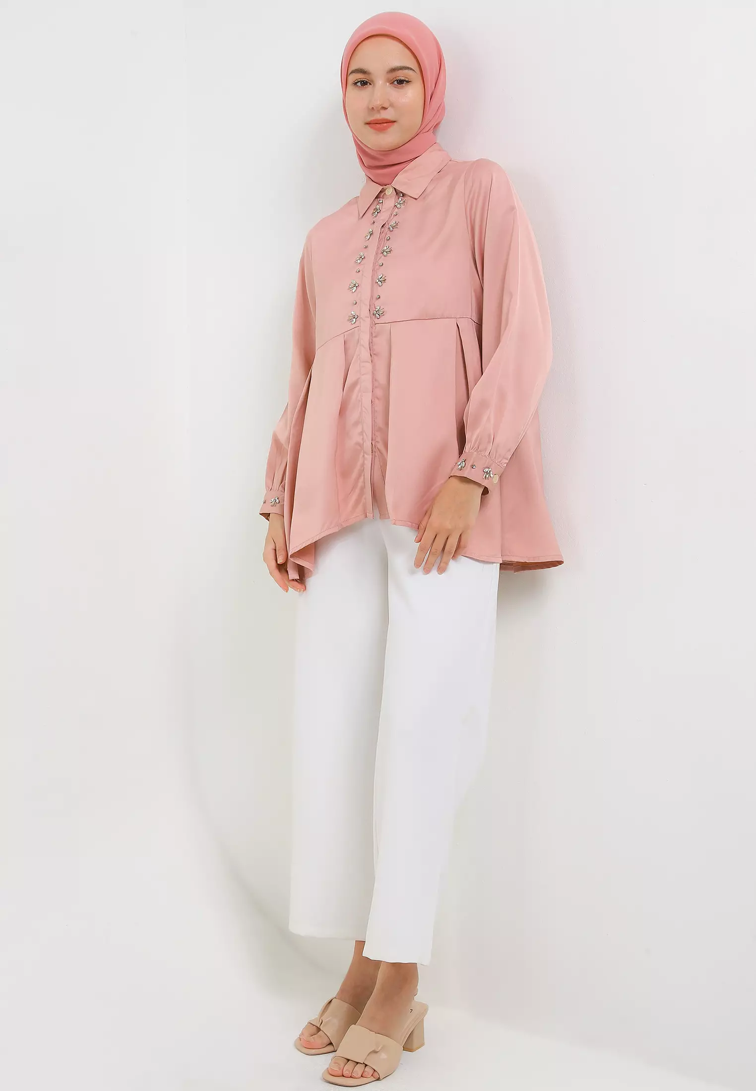 MFMW Syaucha Atasan Blouse Satin Dusty Pink With Payet