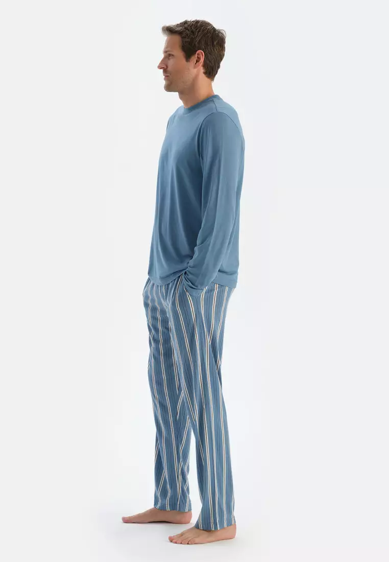 Blue T-Shirt & Trousers, Crew Neck, Regular Fit, Long Sleeve Sleepwear for Men