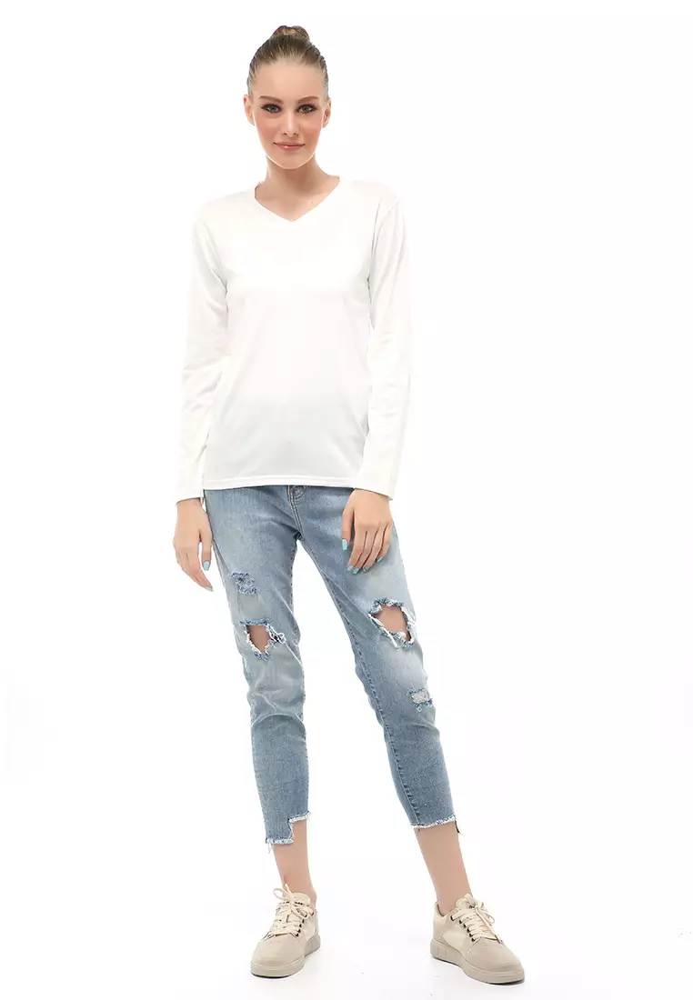 Kaos Polos Atasan Wanita V-Neck Lengan Panjang Design Simple Relaxed Fit - Putih
