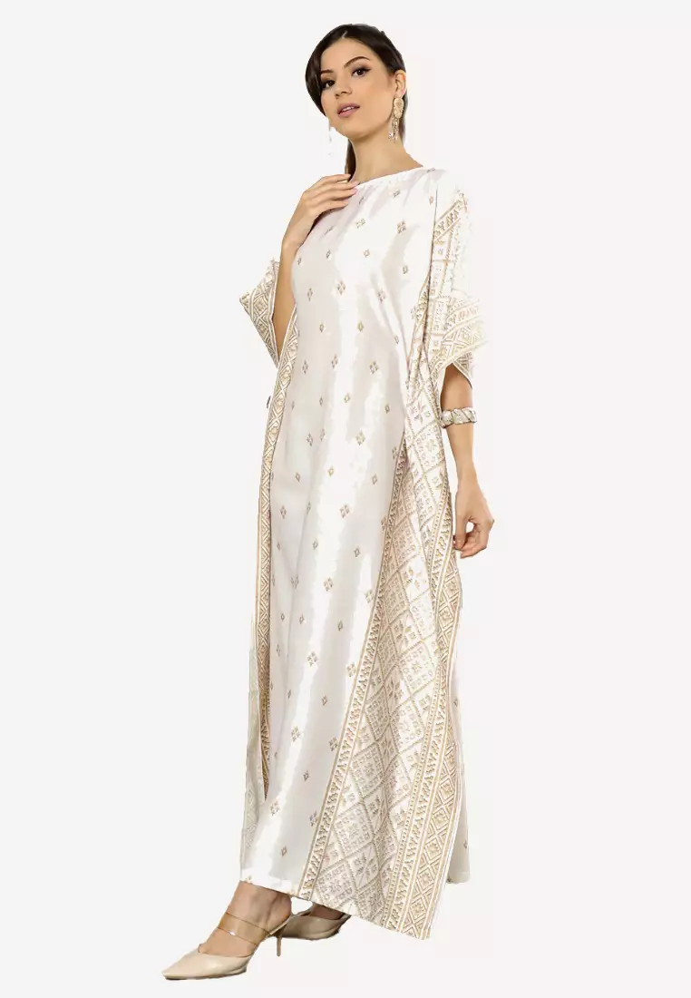 Kanzi Exclusive Short Sleeve Songket Side Kaftan White