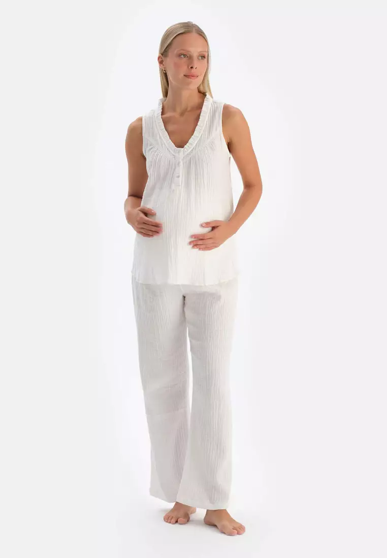 White Maternity Trousers, Regular, Long Leg, Sleepwear for Women