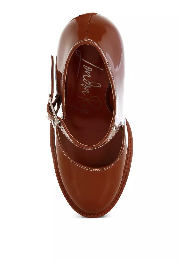Tan Patent PU Sepatu Hak Tinggi Mary Jane