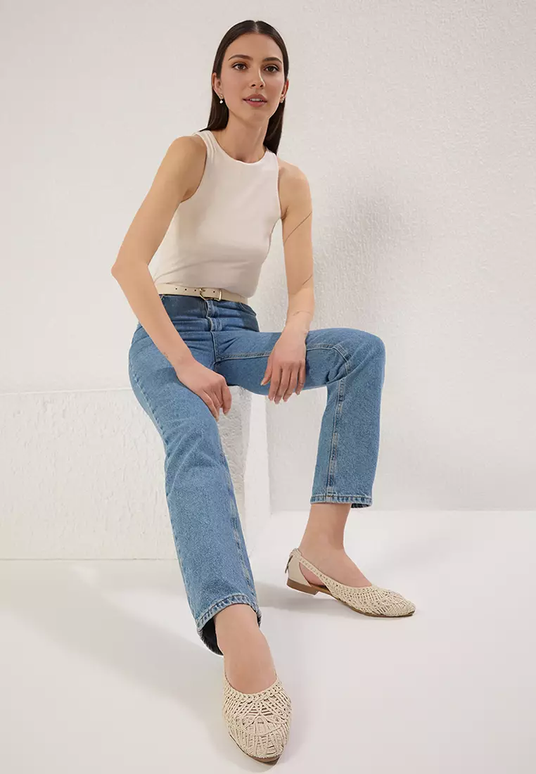 Beige Knitted Patterned Almond Toe Women's Ballerina Ballerina Takss25Be00027