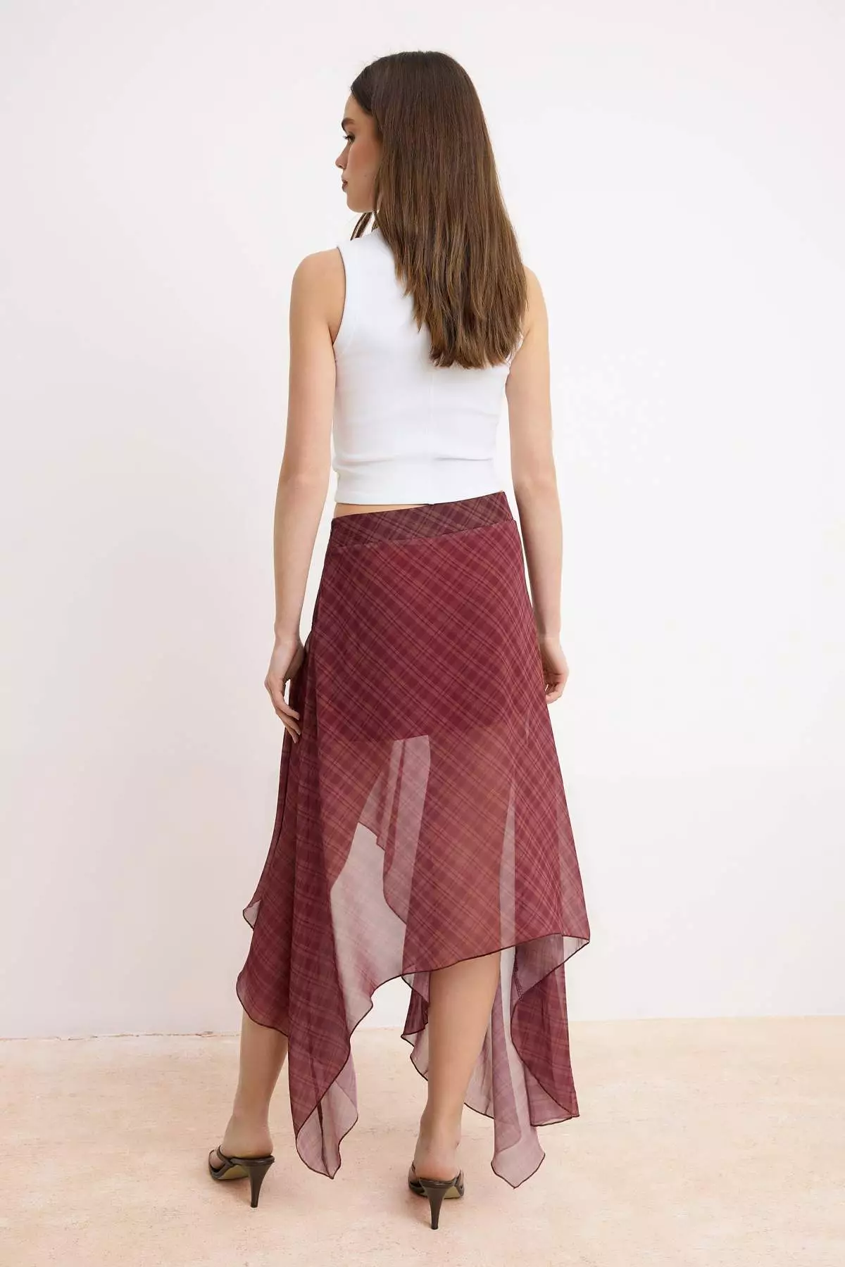 Burgundy Chiffon Plaid Asymmetrical Mini Skirt Twoss26Et161