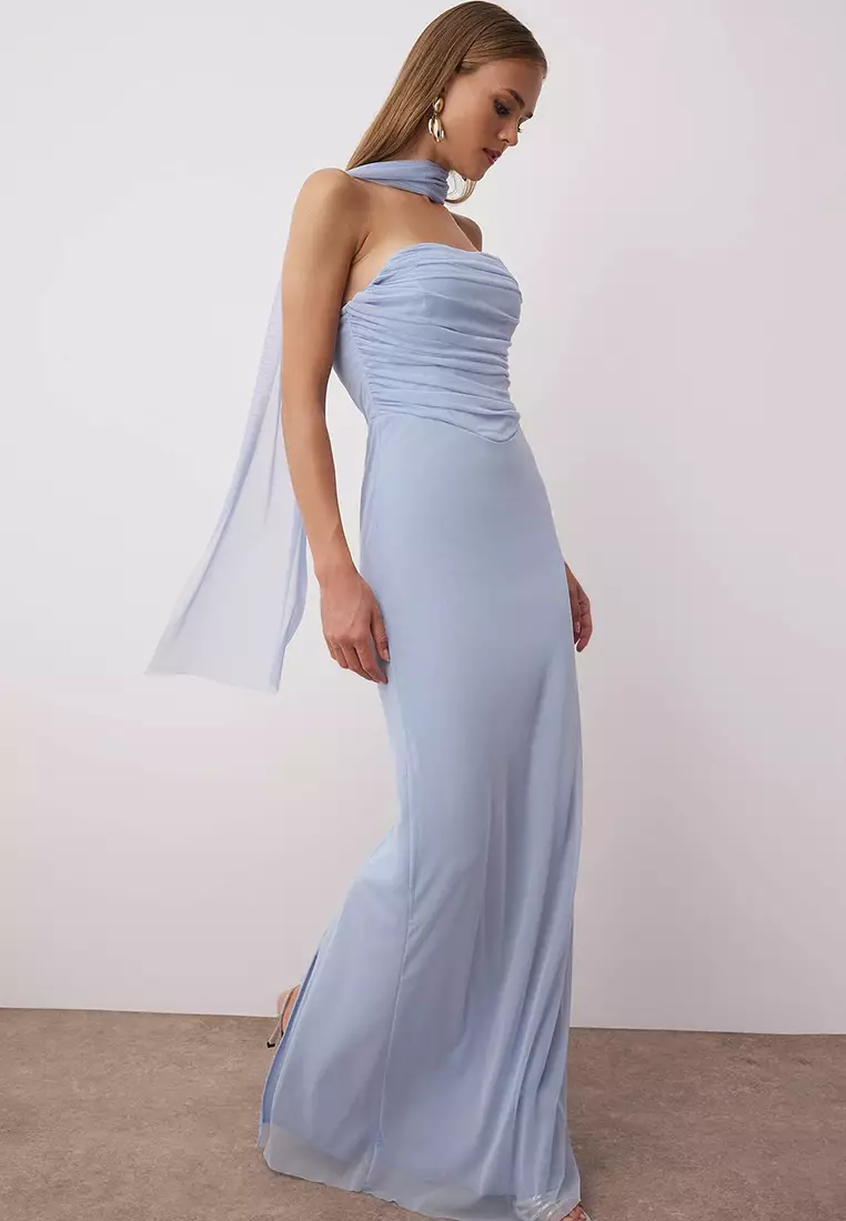 Light Blue Tulle Knitted Maxi Evening Dress With Scarf Evening Homecoming Dress