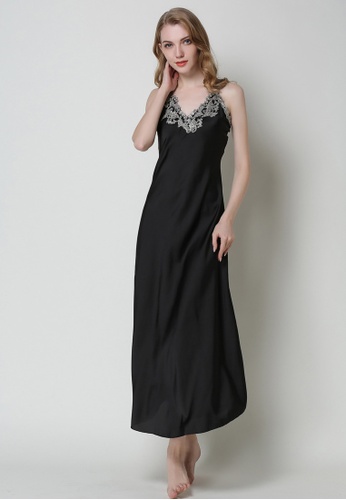 SMROCCO black Silk Spagetti Long Dress Nightie L8007 (Black) C3417AAC188359GS_1