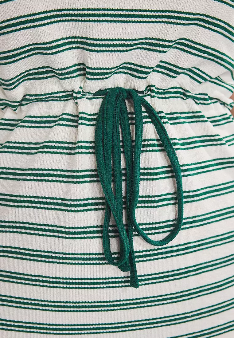 Green Striped Knitting With Tie Detail Plus Size Dress Tbbss25Ah00216