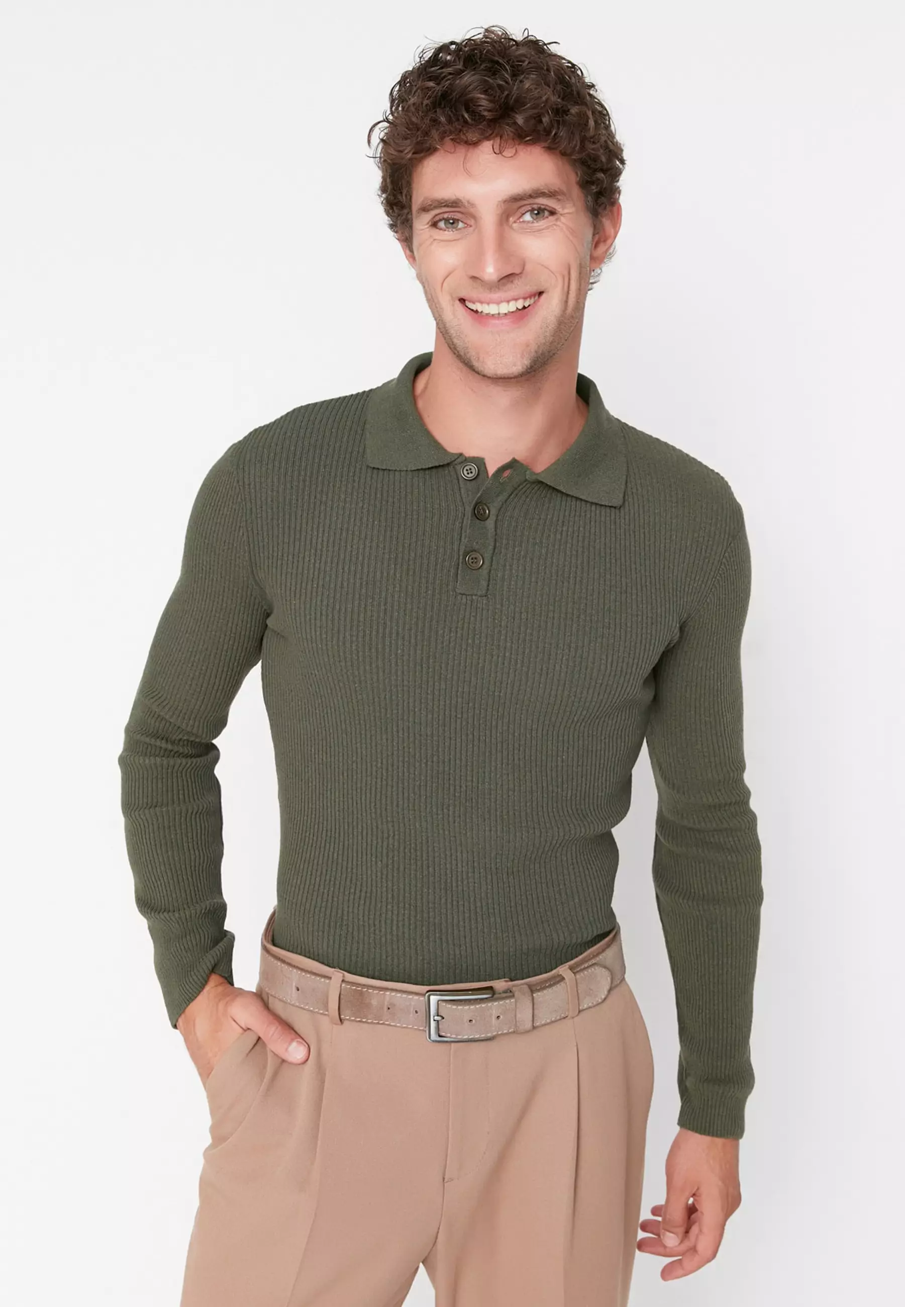 Slim Fit Buttoned Polo Neck Corduroy Knitted Sweater