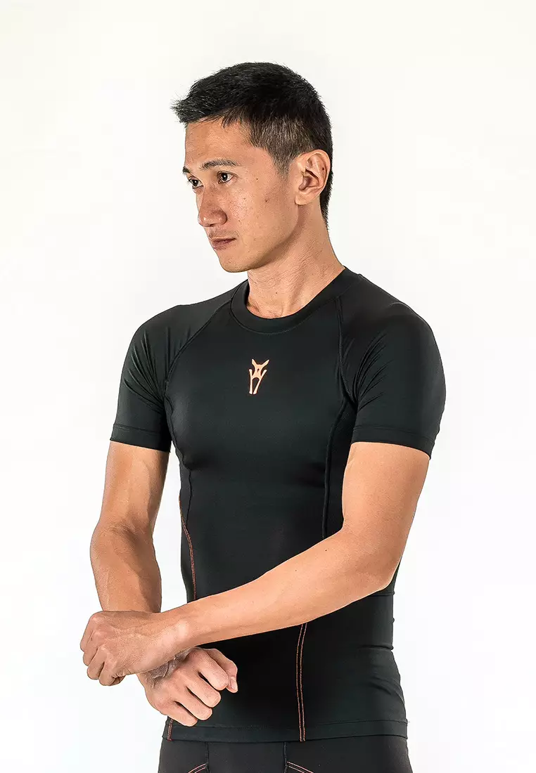 Amnig Men Diligent Compression Short Sleeve Top (Black/Orange)