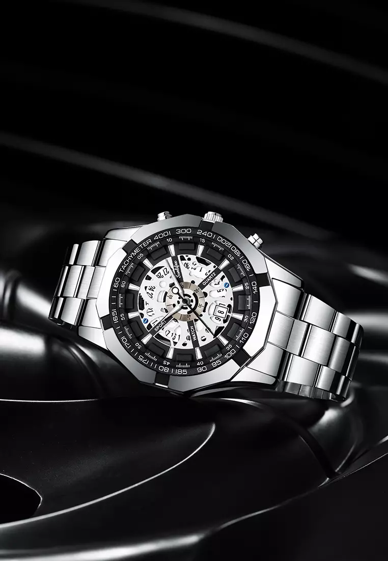 Jam Tangan Pria Original Calendar Luxury Bisnis Tali Stainless Steel Jam Tangan Cowok 9096 silverblack