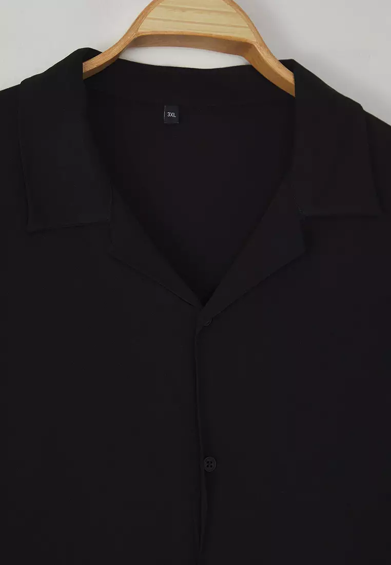 Black Regular Fit Oversized Collar 100% Viscose Short Sleeve Summer Dress Plus Size Shirt TMNSS25AX00001