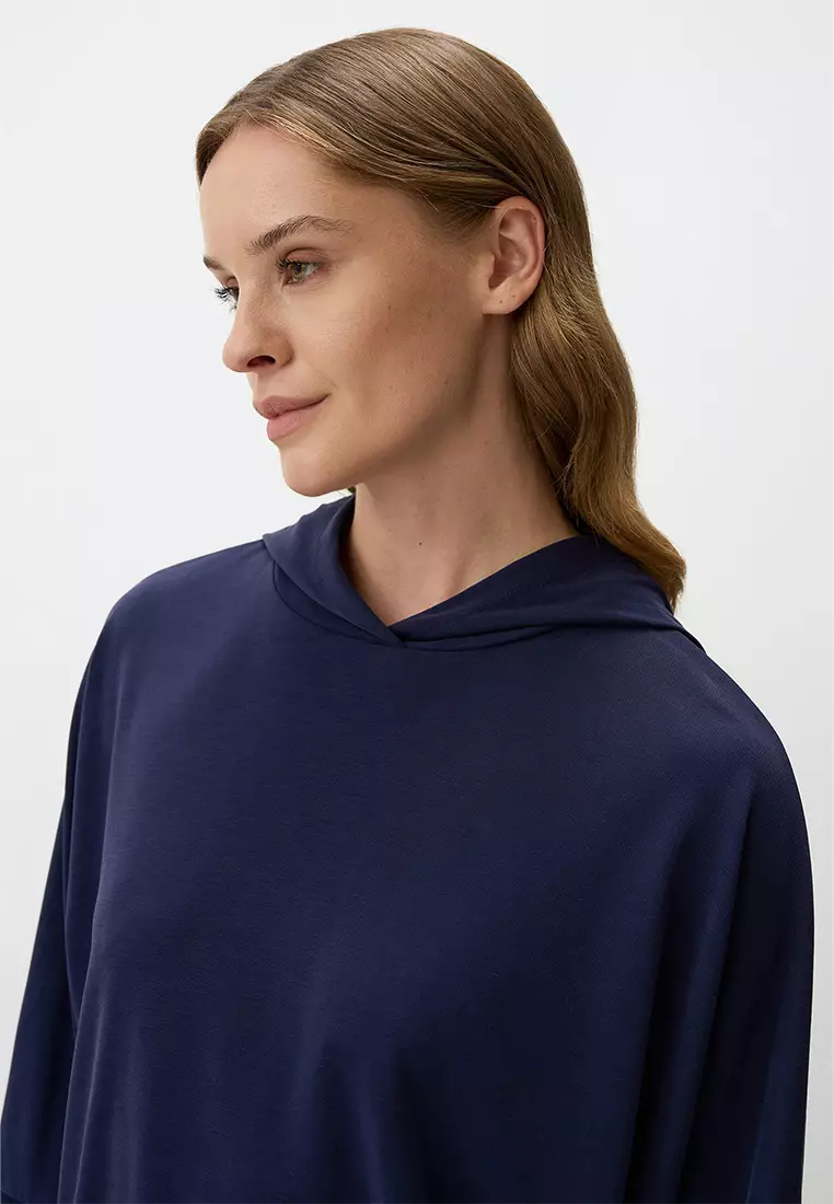 Jimmy Key Navy Blue Loose Fit Three Quarter Sleeved Hooded Sweatshirt