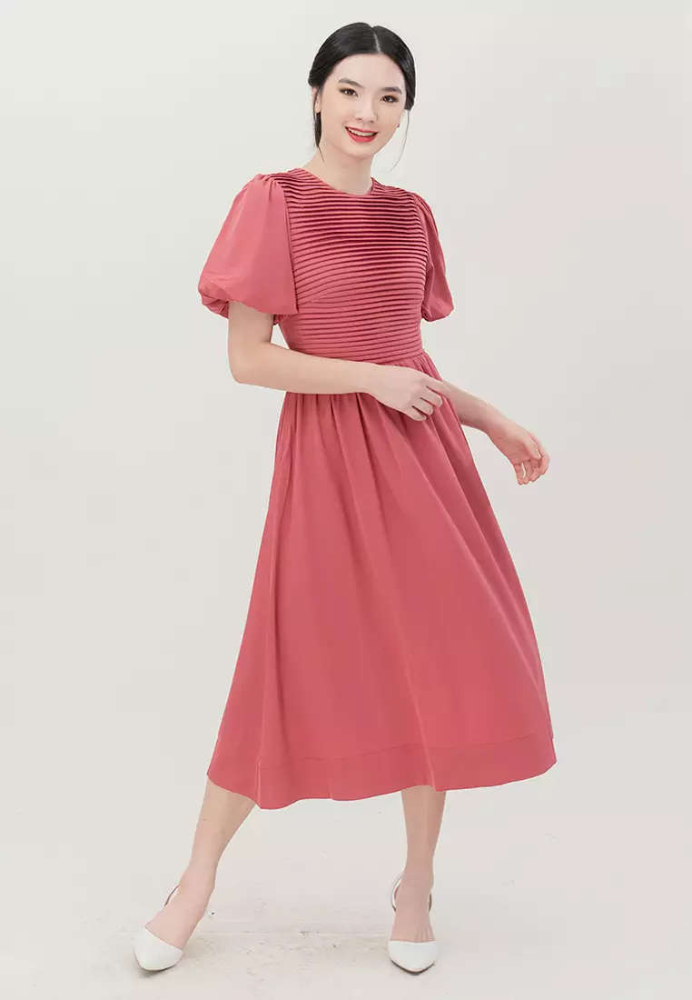 Buy Plain B. Plain B. Polyester Round Neckline Puff Sleeve Midi Dinner ...