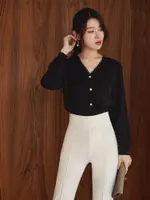 Buy OBSTYLE V-neck top with decorative ribbon and pearl buttons