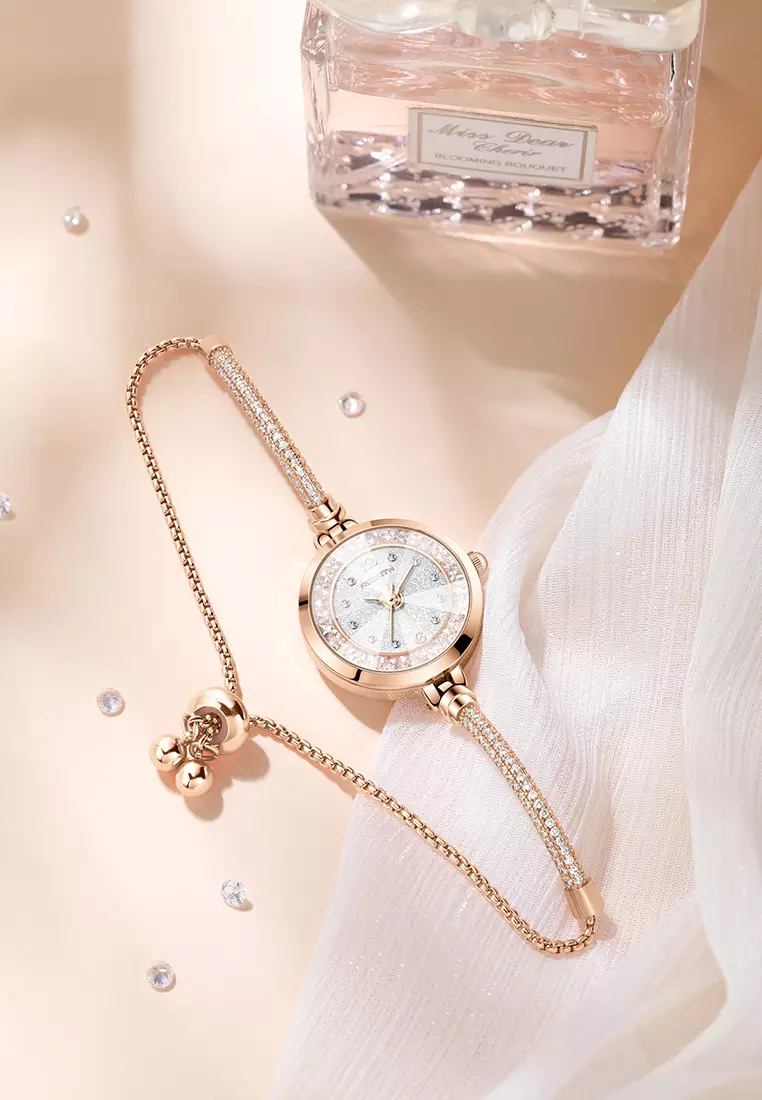 Jam Tangan Wanita Anti Air Gelang Gaya Berlian Tali Merenggang Jam Tangan Cewek Original rose white
