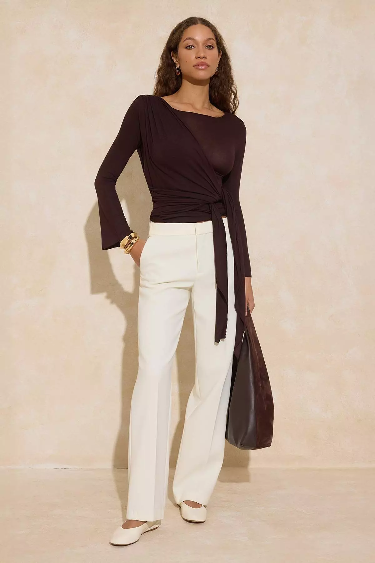 Brown Transparent Regular/Normal Fit Knitted Blouse With Tie Detail Twoss26Bz41