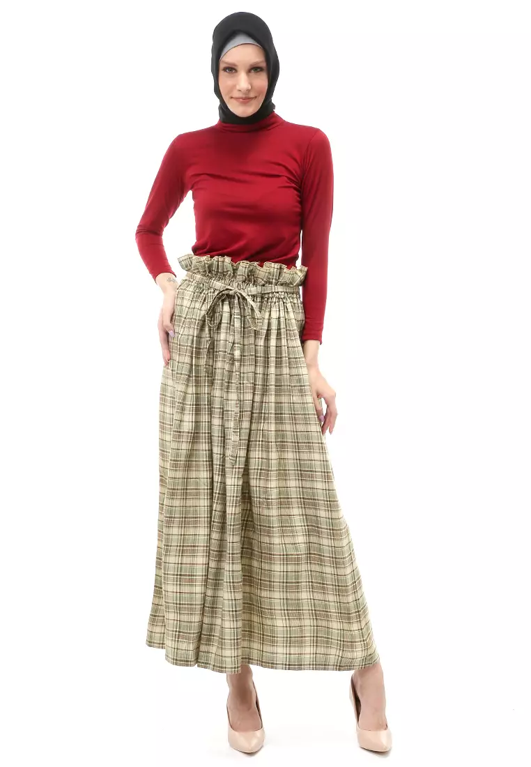 Amel Long Skirt Bawahan Wanita Motif Kotak-Kotak Regular Fit - Cream