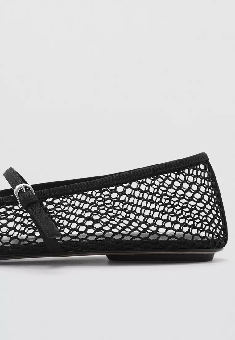 Mesh Ballet Flats with Strap and Buckle