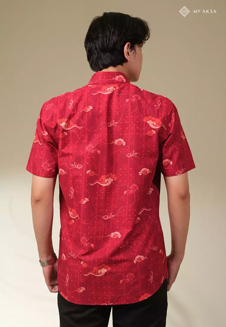 My Aksa Batik  Pria Kemeja Pendek Slimfit Pelana Merah