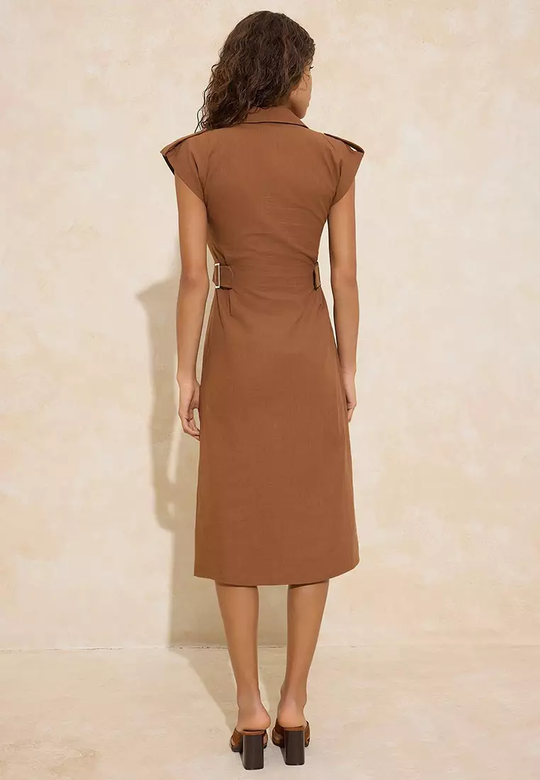 Brown Accessory Detailed Midi Woven Shirt Dress Twoss26El125