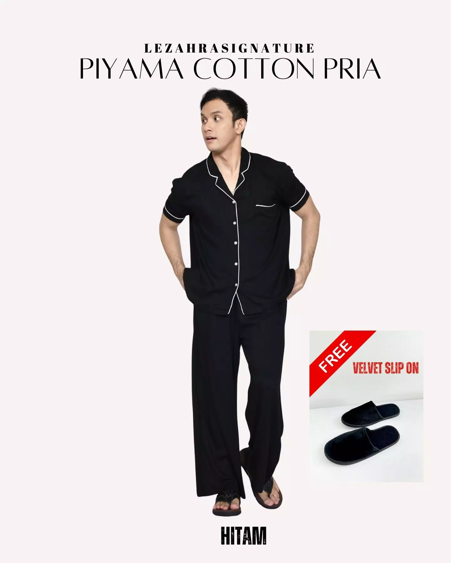 Set Piyama Cotton Riu Setelan Baju Tidur Pria HITAM FREE SLIP ON