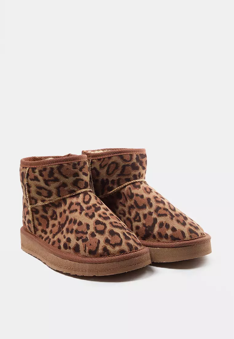 Leopard Print Fur Flatform Heeled Round Toe Women's Boots - Takaw25Bo00029