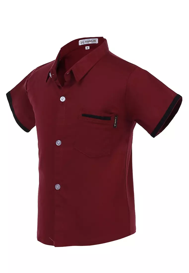 Juste Kemeja Formal Anak Laki-laki Motif Polos Kids Shirt Short Sleeve Material Cotton ORIGINAL - Maroon