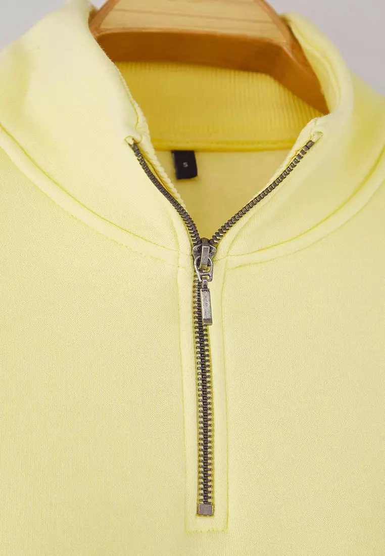 Yellow Regular Cut Stand Collar Zippered Cotton Basic Fleece Inside Sweatshirt Tmnaw24Sw00041