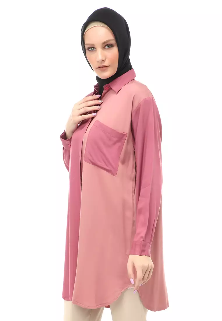 Azika Tunik Muslimah Atasan Wanita Dual Tone Color Relaxed Fit - Pink 005
