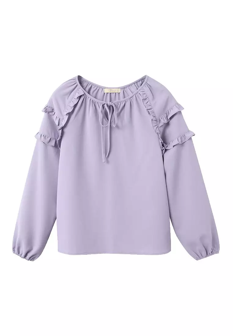 Sweet Bow Tie Ruffle Trim Long Puff Sleeve Top [AB17751]
