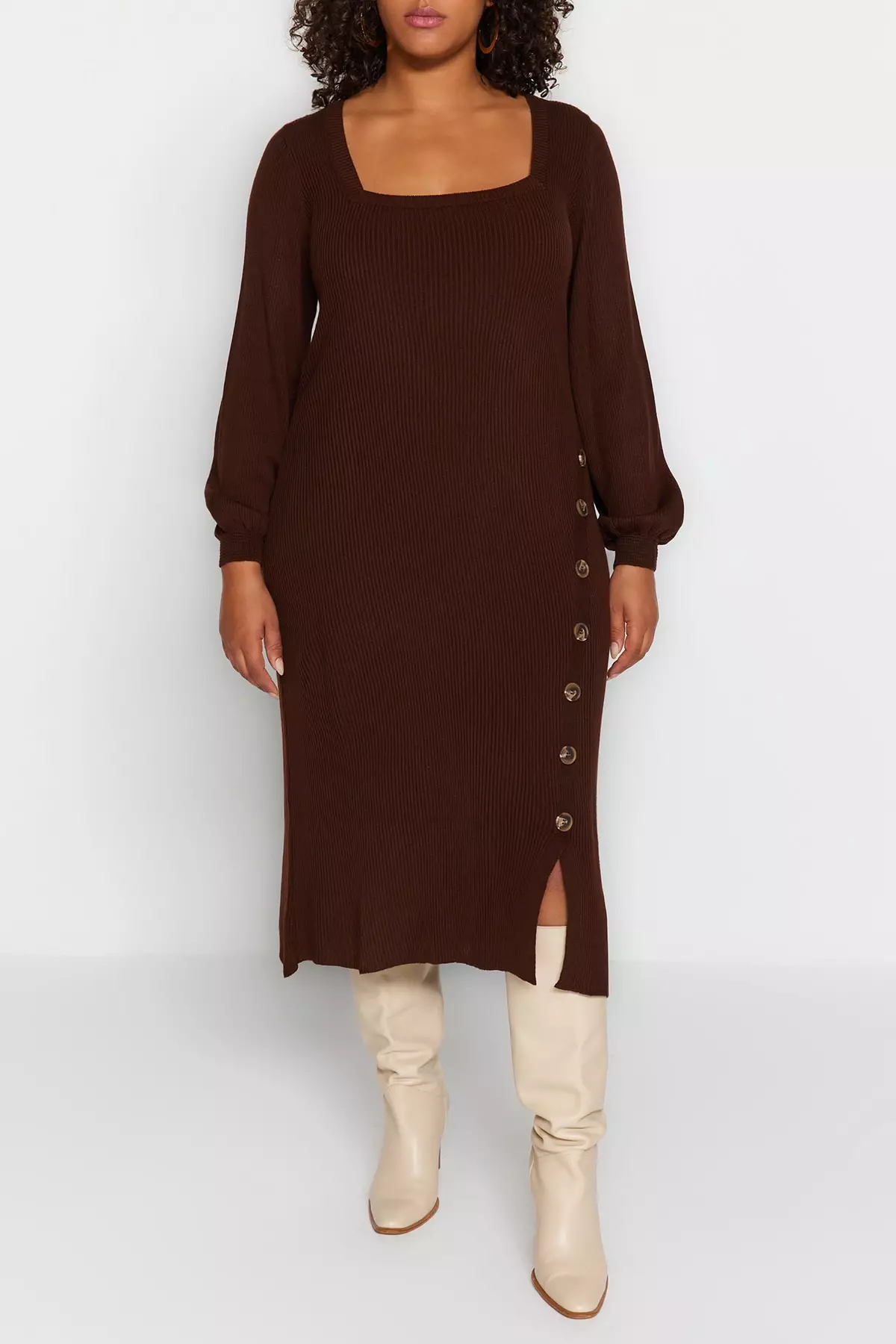 Plus Size Sweater Dress With Buttons Detail