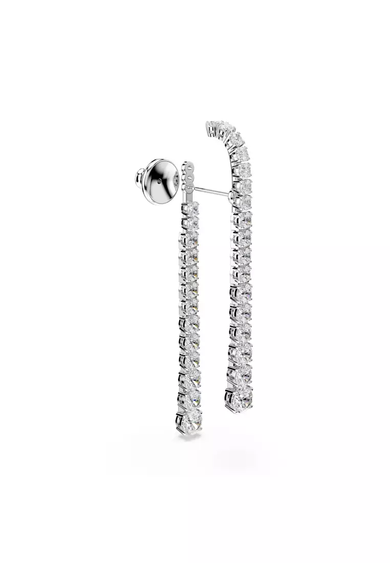 Matrix drop earrings, Gradient of round cuts, White, Rhodium plated